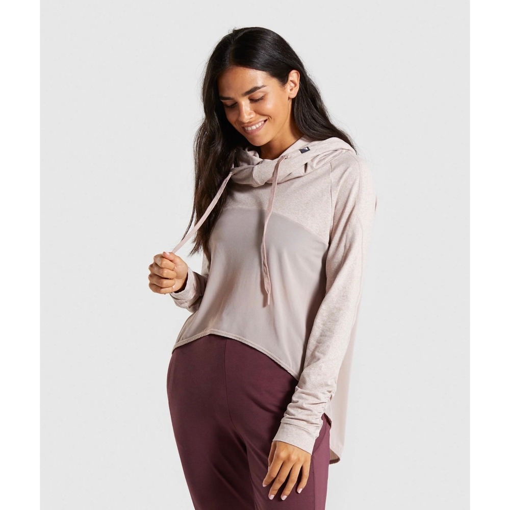 Gymshark Aura Hoodie Womens Medium Taupe Cowl Neck Mesh Mixed Media GLP03597